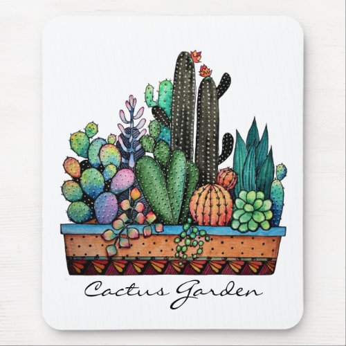 Cute Watercolor Cactus Garden In Pot Mouse Pad