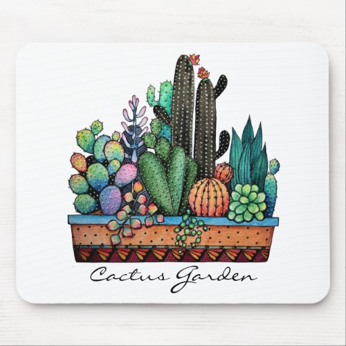 Cute Watercolor Cactus Garden In Pot Mouse Pad