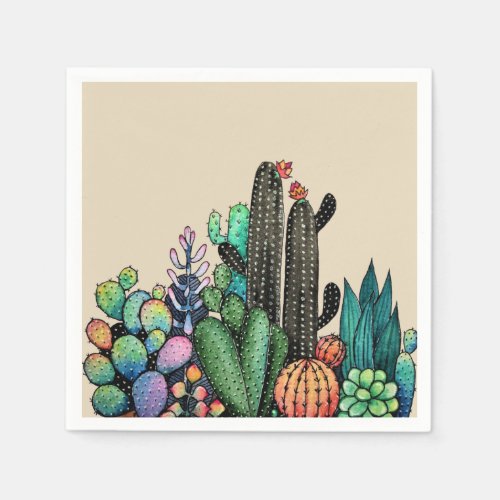 Cute Watercolor Cactus Garden In Pot Napkins