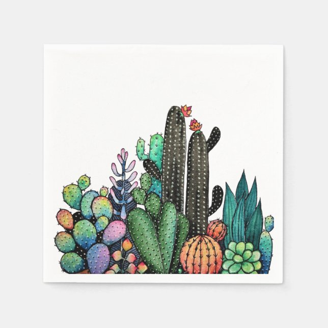 Cute Watercolor Cactus Garden In Pot Napkins (Front)