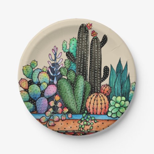 Cute Watercolor Cactus Garden In Pot Paper Plates