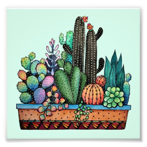 Cute Watercolor Cactus Garden In Pot Photo Print