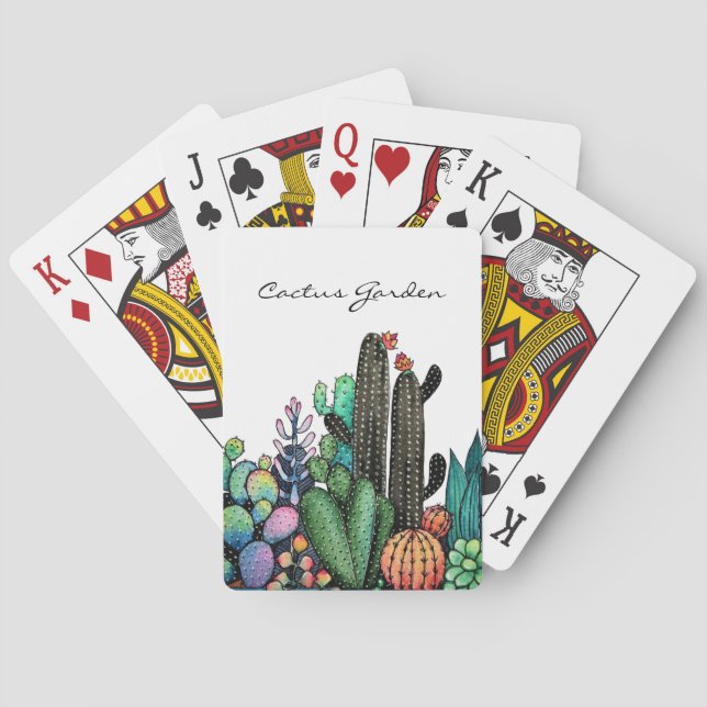 Cute Watercolor Cactus Garden In Pot Poker Cards (Back)