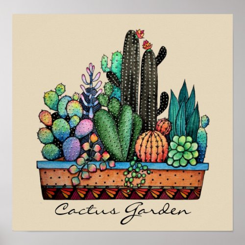 Cute Watercolor Cactus Garden In Pot Poster