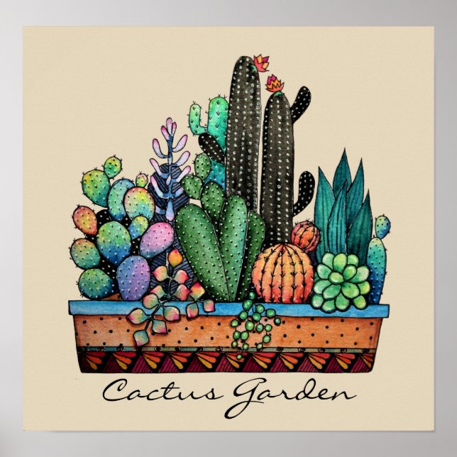 Cute Watercolor Cactus Garden In Pot Poster (Front)