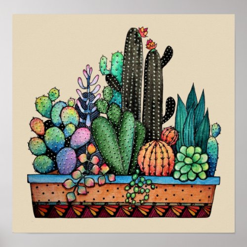 Cute Watercolor Cactus Garden In Pot Poster