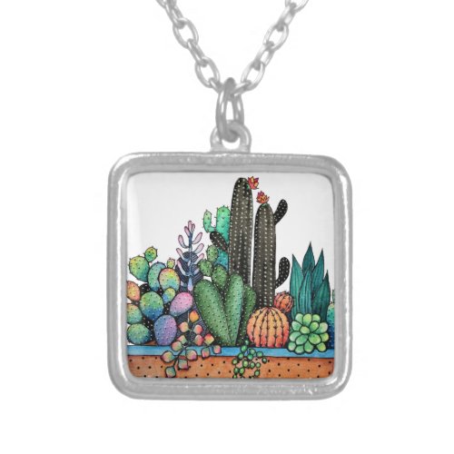 Cute Watercolor Cactus Garden In Pot Silver Plated Necklace