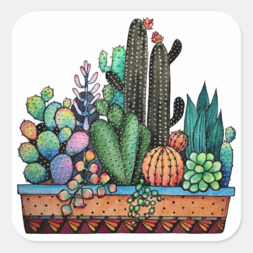 Cute Watercolor Cactus Garden In Pot Square Sticker