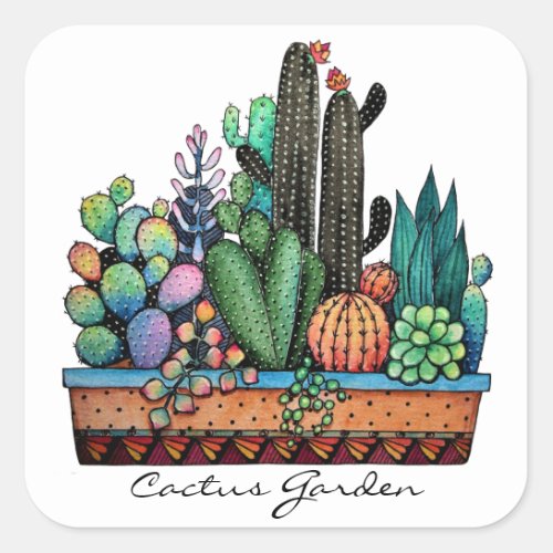 Cute Watercolor Cactus Garden In Pot Square Sticker