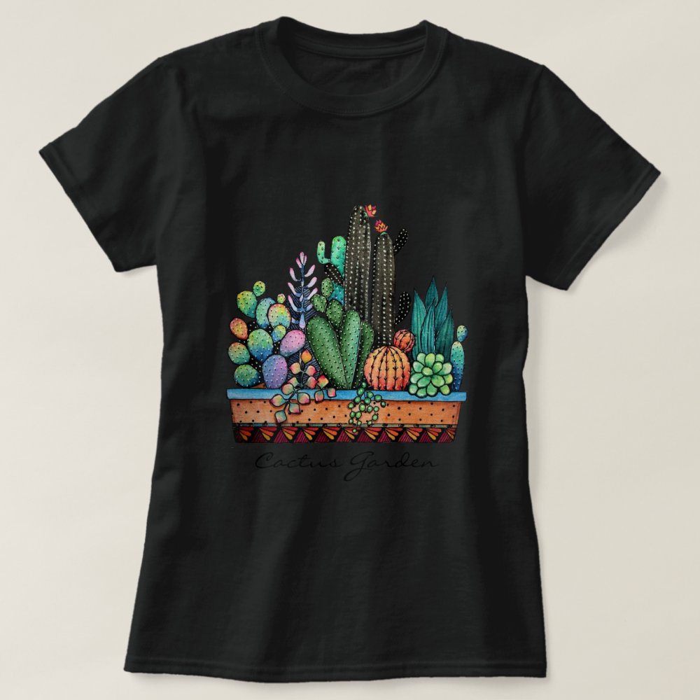Disover Cute Watercolor Cactus Garden In Pot T-Shirt