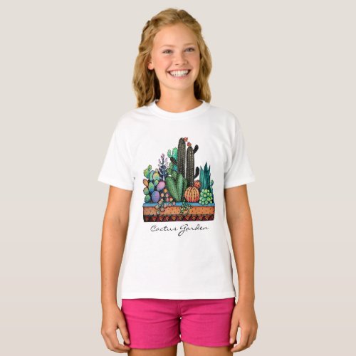 Cute Watercolor Cactus Garden In Pot T_Shirt