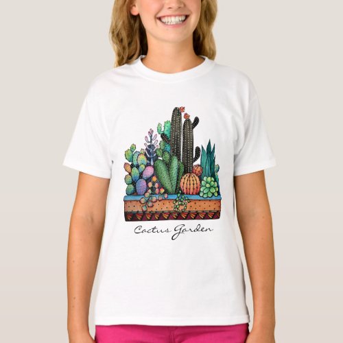 Cute Watercolor Cactus Garden In Pot T_Shirt