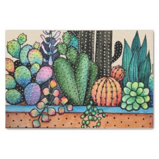 Cute Watercolor Cactus Garden In Pot Tissue Paper