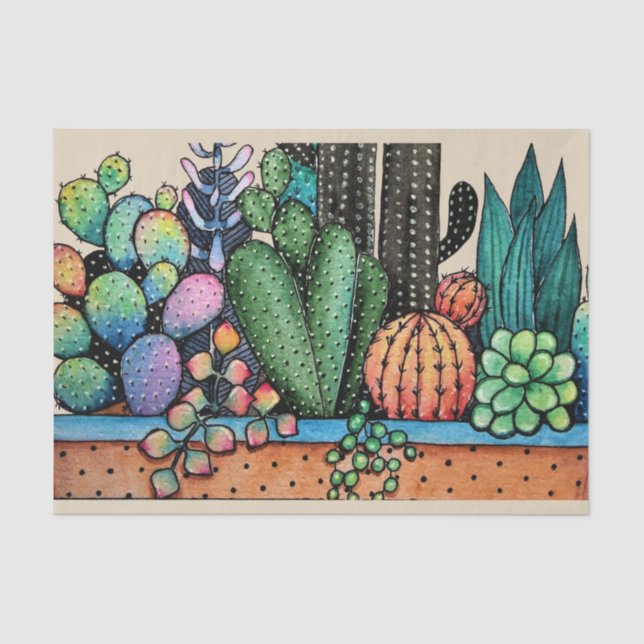 Cute Watercolor Cactus Garden In Pot Tissue Paper (Front)