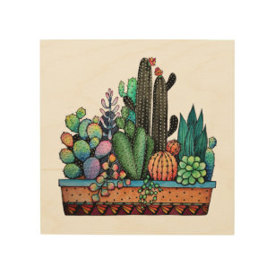 Cute Watercolor Cactus Garden In Pot Wood Wall Art