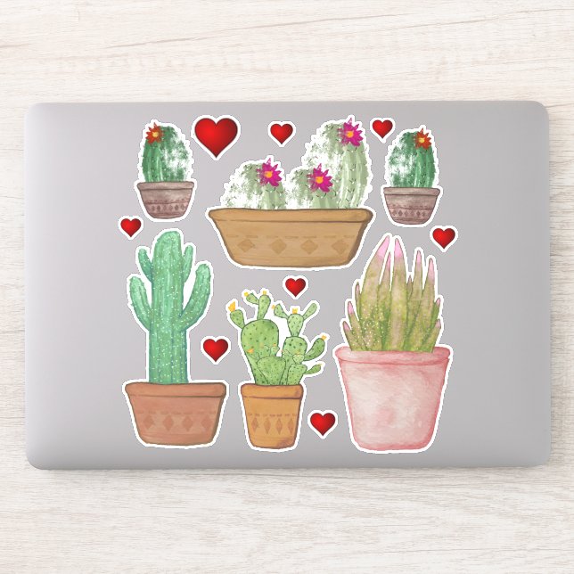 Cute Watercolor Cactus in Clay Pots Vinyl Sticker (Computer)