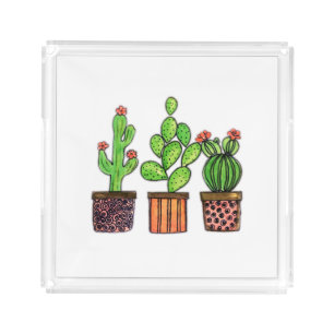 Cute Watercolor Cactus In Pots Acrylic Tray