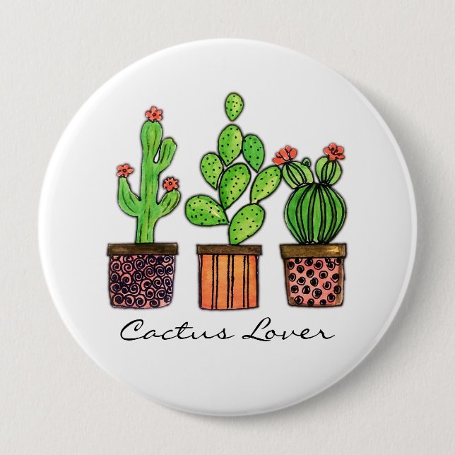 Cute Watercolor Cactus In Pots Button (Front)