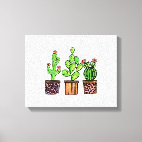 Cute Watercolor Cactus In Pots Canvas Print