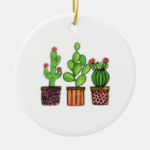 Cute Watercolor Cactus In Pots Ceramic Ornament