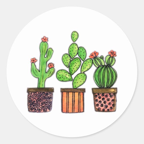 Cute Watercolor Cactus In Pots Classic Round Sticker