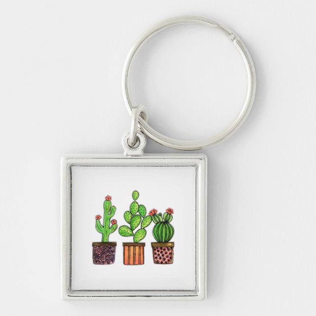 Cute Watercolor Cactus In Pots Keychain (Front)
