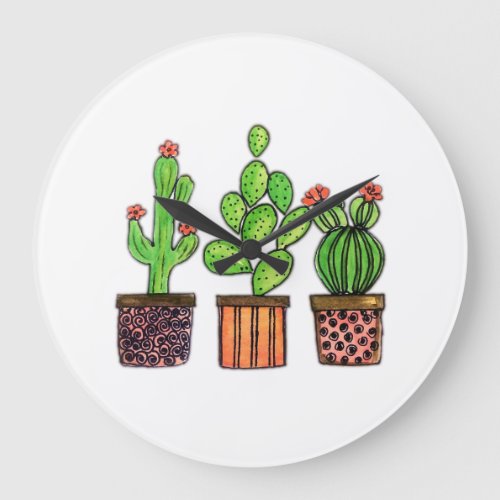 Cute Watercolor Cactus In Pots Large Clock