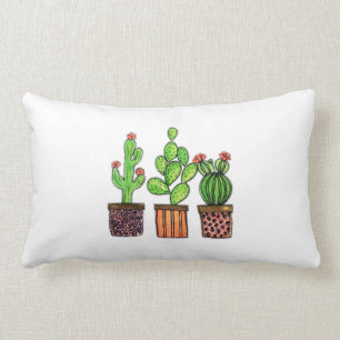 Cute Watercolor Cactus In Pots Lumbar Pillow