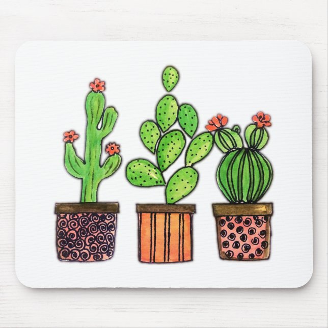 Cute Watercolor Cactus In Pots Mouse Pad (Front)