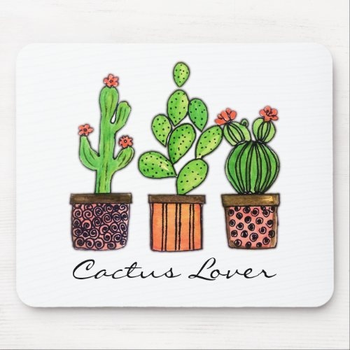 Cute Watercolor Cactus In Pots Mouse Pad