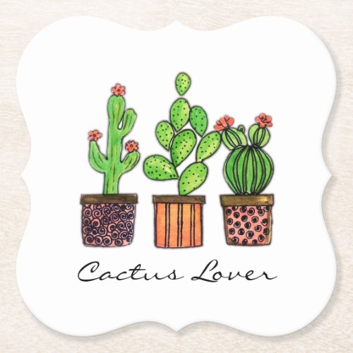 Cute Watercolor Cactus In Pots Paper Coaster