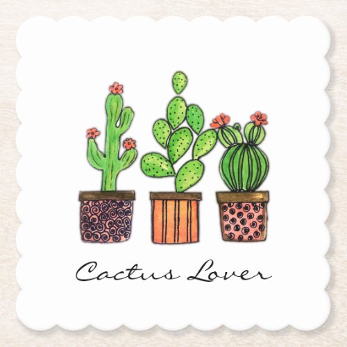 Cute Watercolor Cactus In Pots Paper Coaster