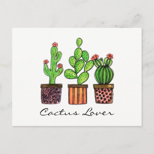 Cute Watercolor Cactus In Pots Postcard
