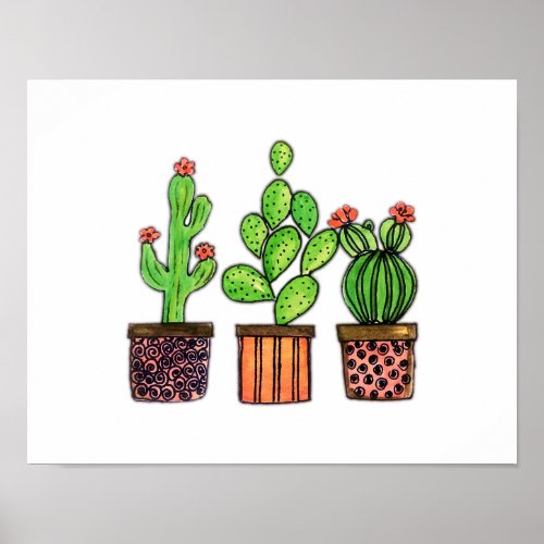 Cute Watercolor Cactus In Pots Poster