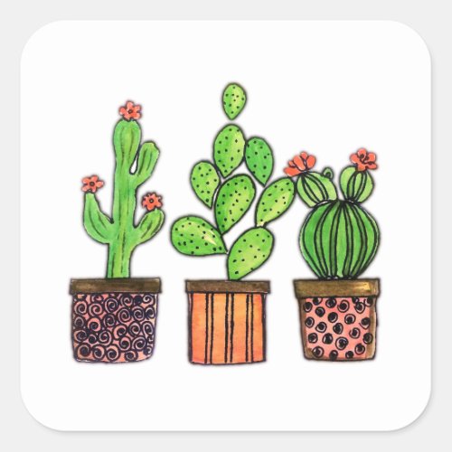 Cute Watercolor Cactus In Pots Square Sticker