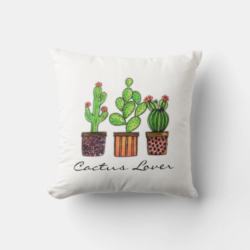 Cute Watercolor Cactus In Pots Throw Pillow