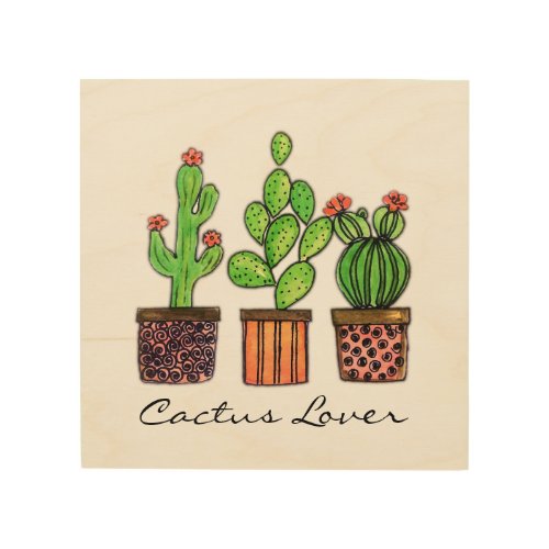 Cute Watercolor Cactus In Pots Wood Wall Decor
