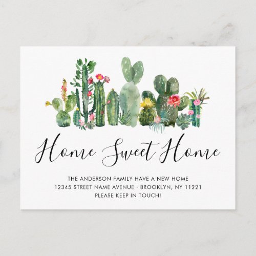 Cute Watercolor Cactus New Home Sweet Home Moving Announcement Postcard