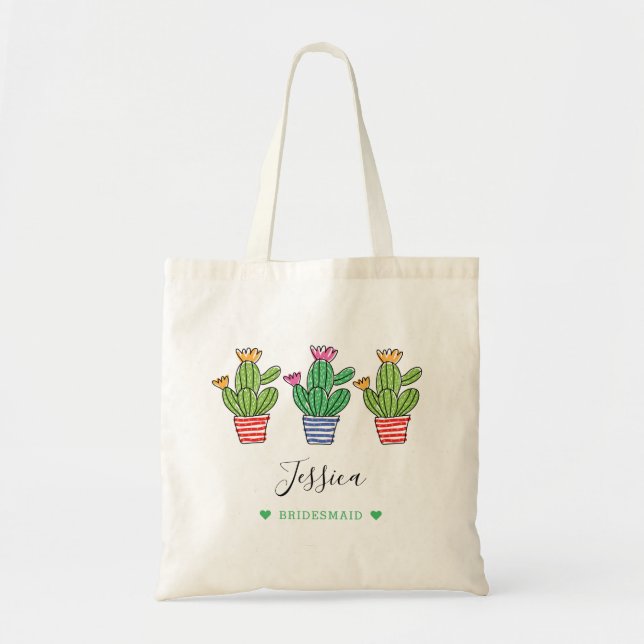 Cute Watercolor Cactus Personalized Bridesmaid  Tote Bag (Front)
