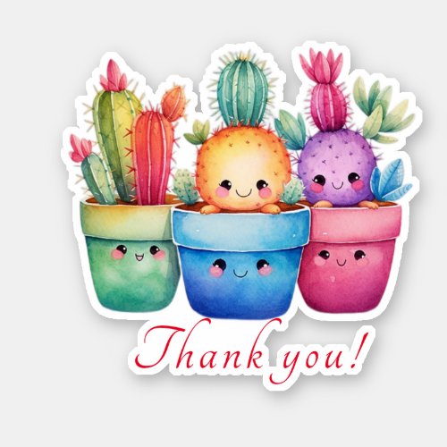 Cute Watercolor Cactus Pink Thank you Custom Cut Sticker