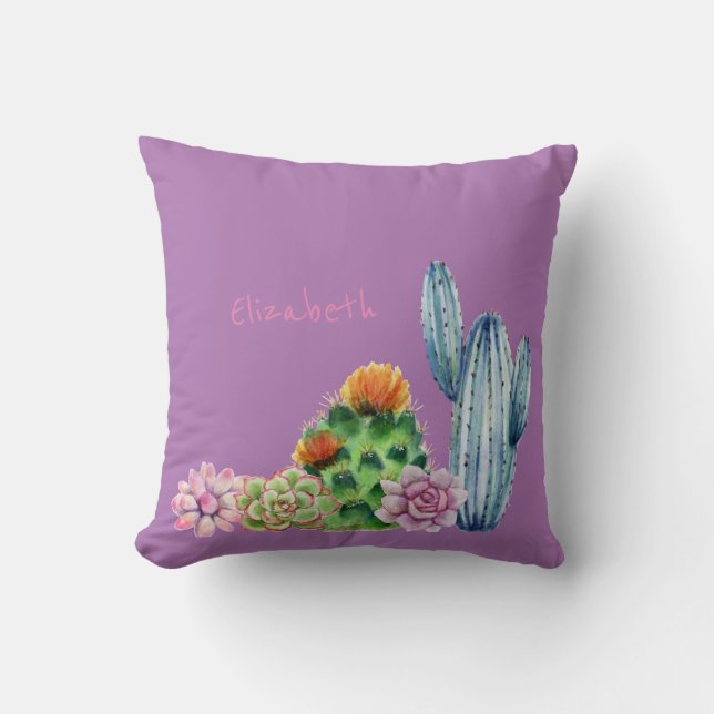 Cute Watercolor Cactus Succulents Throw Pillow (Front)