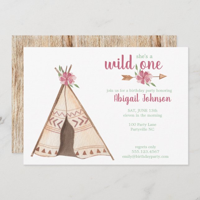 Cute Watercolor Camping Wild One First Birthday Invitation (Front/Back)