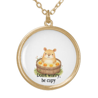 Cute Watercolor Capybara in Hot Tub with Oranges & Gold Plated Necklace