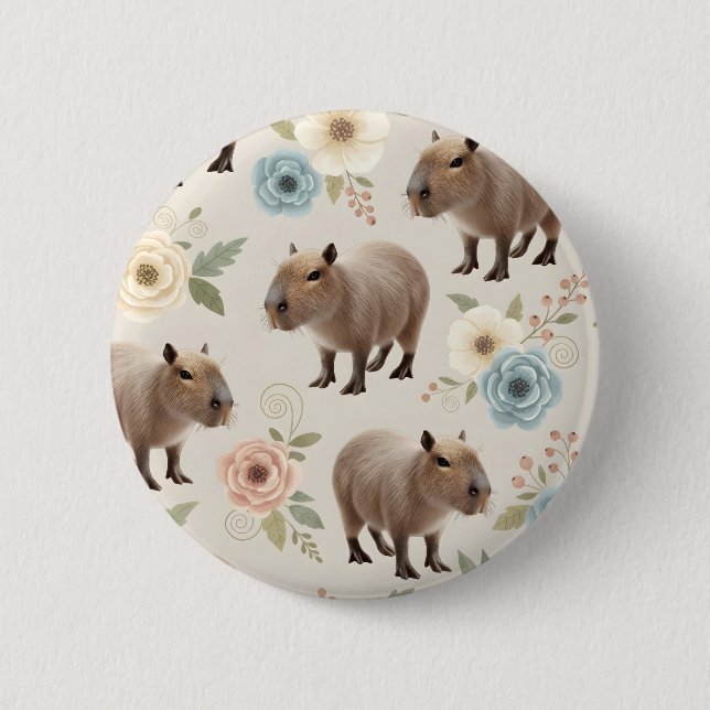 Cute Watercolor Capybara Seamless Pattern Button (Front)