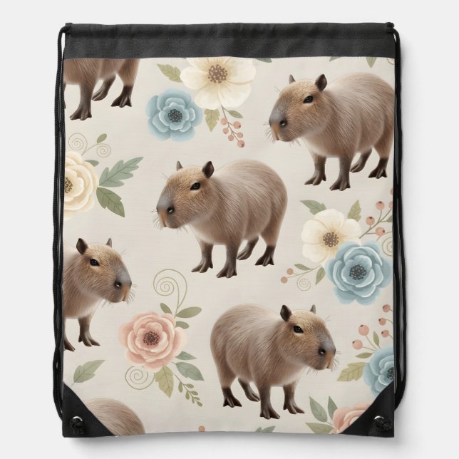 Cute Watercolor Capybara Seamless Pattern Drawstring Bag (Front)