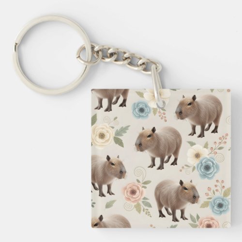 Cute Watercolor Capybara Seamless Pattern Keychain