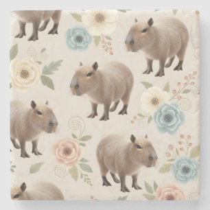 Cute Watercolor Capybara Seamless Pattern Stone Coaster