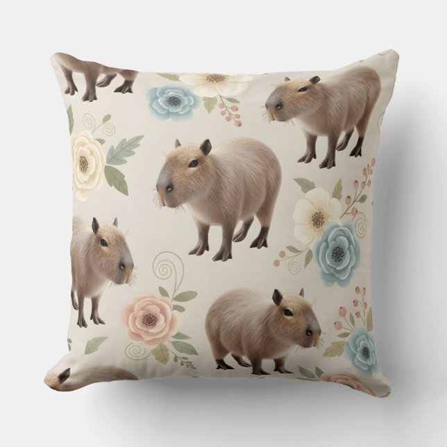Cute Watercolor Capybara Seamless Pattern Throw Pillow (Front)