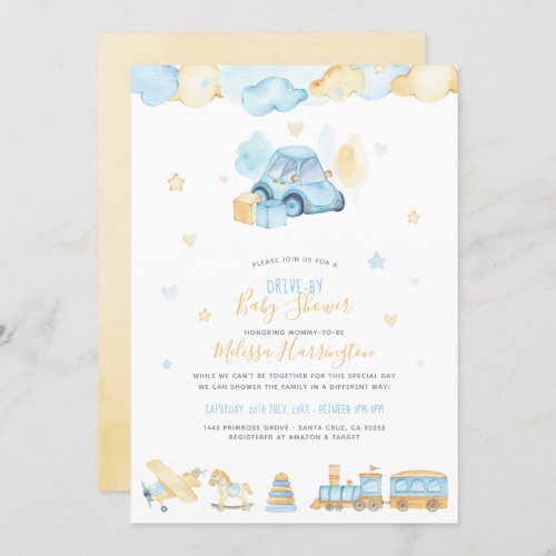 Cute Watercolor Car Baby Boy Drive_By Baby Shower Invitation