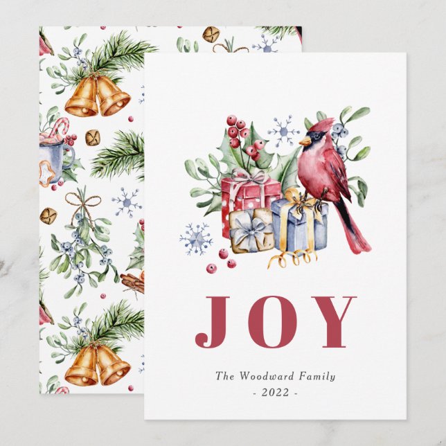 Cute Watercolor Cardinal Bird Christmas Holiday Card (Front/Back)